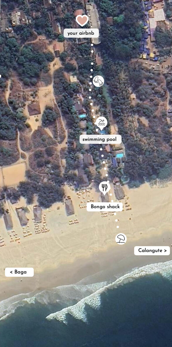 Your airbnb and Calangute / Baga beach Your airbnb, a 2-minute walk to Calangute / Baga Beach. Lovely big sandy beach with watersports during the season.